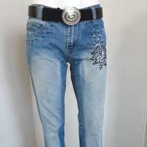 Blue Flare & Wide Leg Jeans with Black Accents